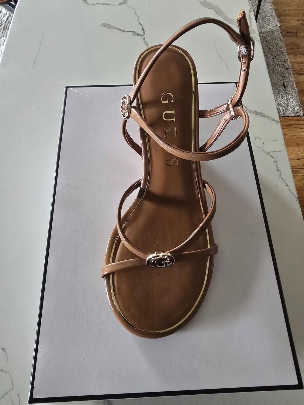 GUESS Brown Strappy Leather Wedge Sandal New With Box Original Price $99
